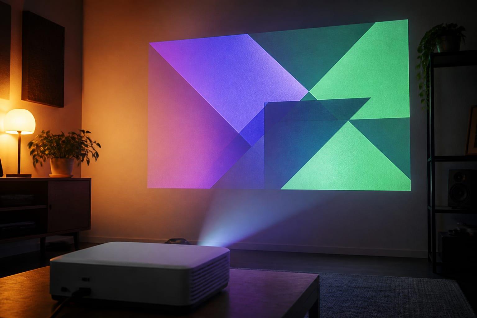 A projector casting colored geometric shapes onto a living-room wall at night
