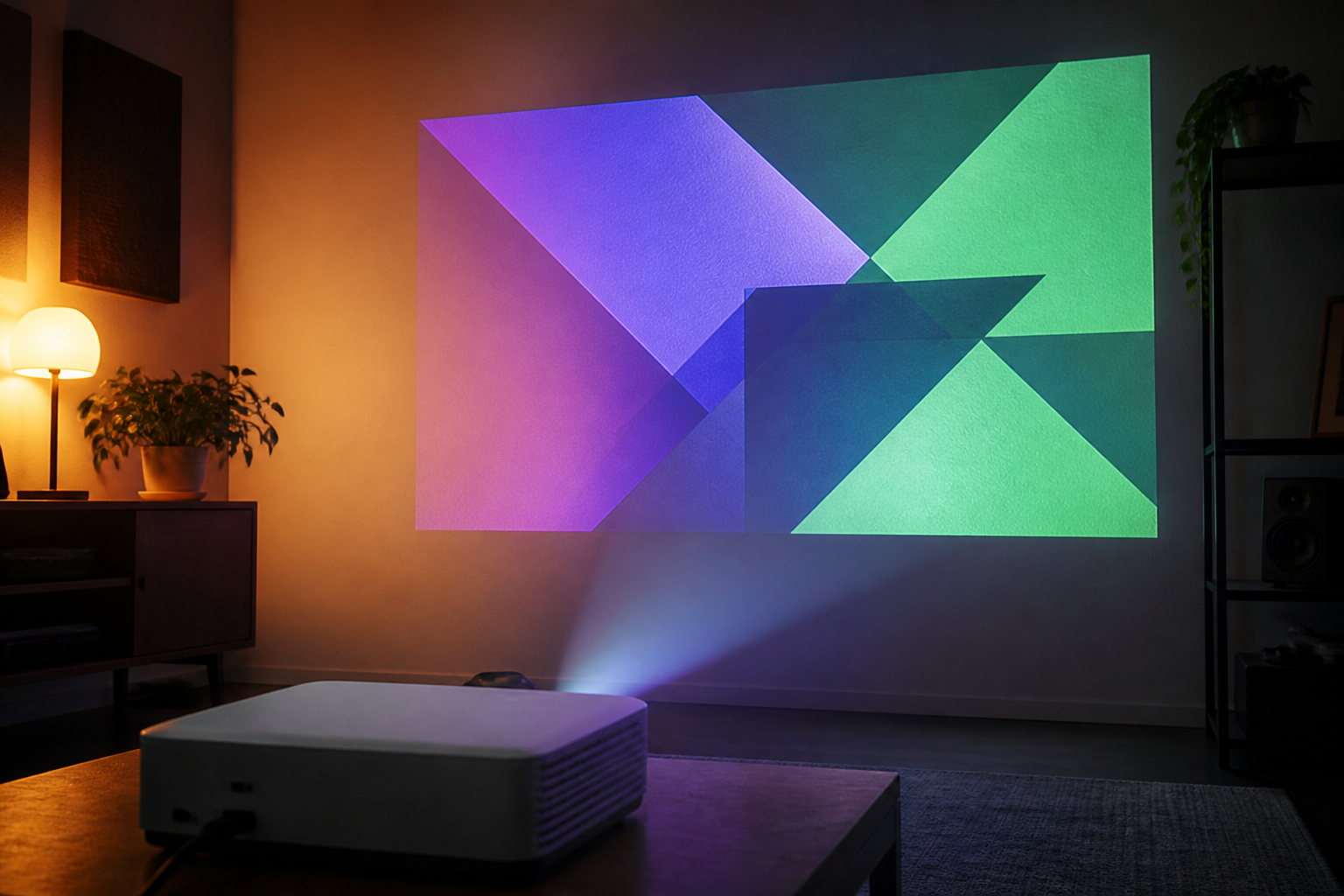 A projector illuminating a house after dark with colored mapped shapes
