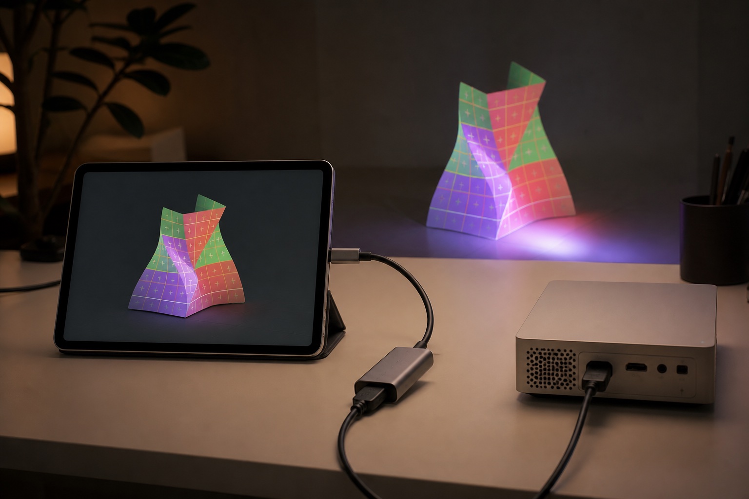 An iPad running projection mapping software beside a compact projector