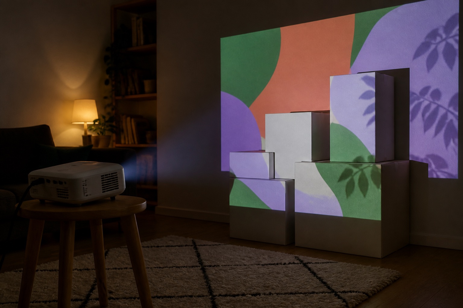 A normal home projector mapping colored patterns onto white boxes in a living room