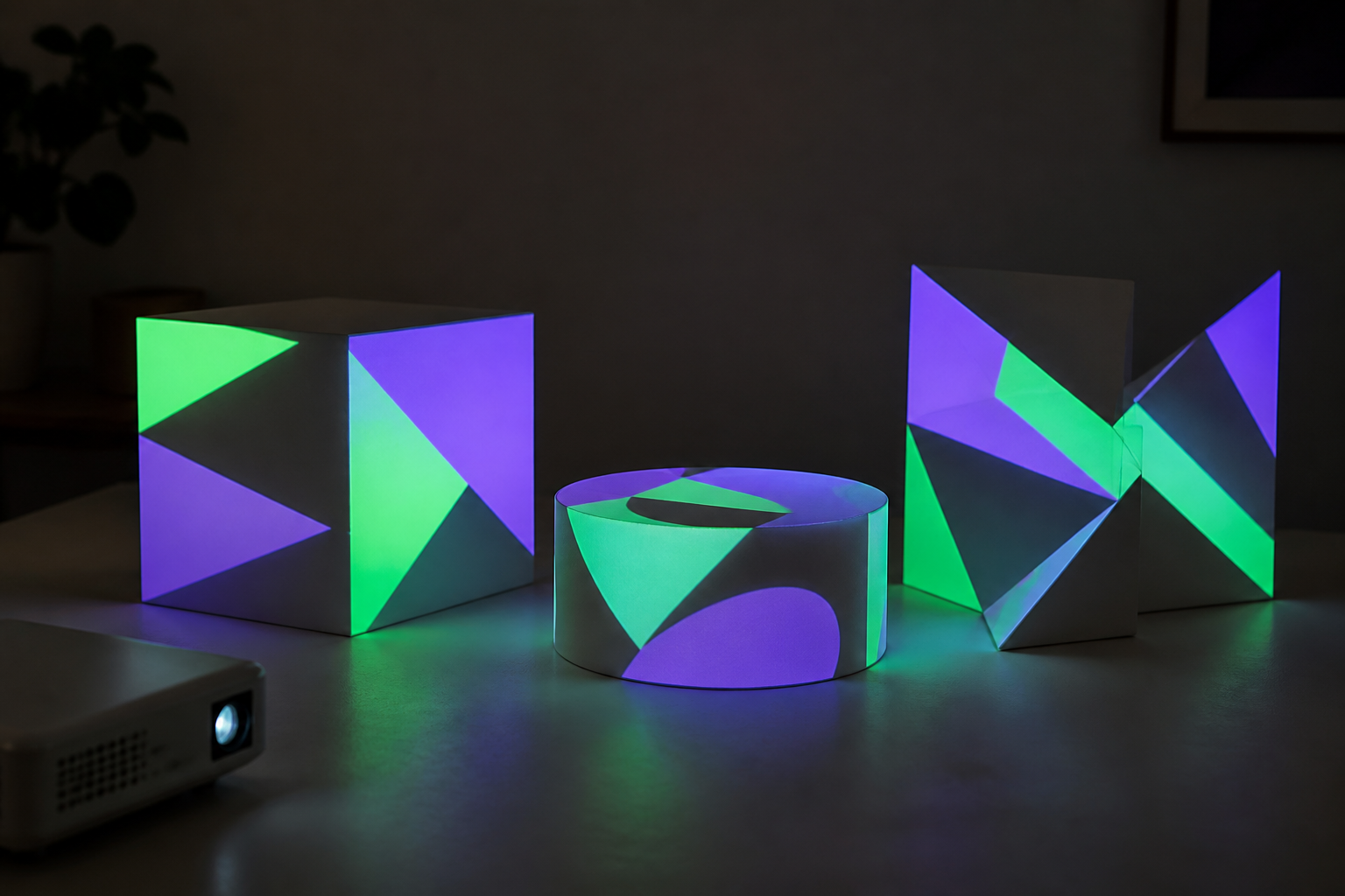 Colored projected shapes aligned to several white boxes