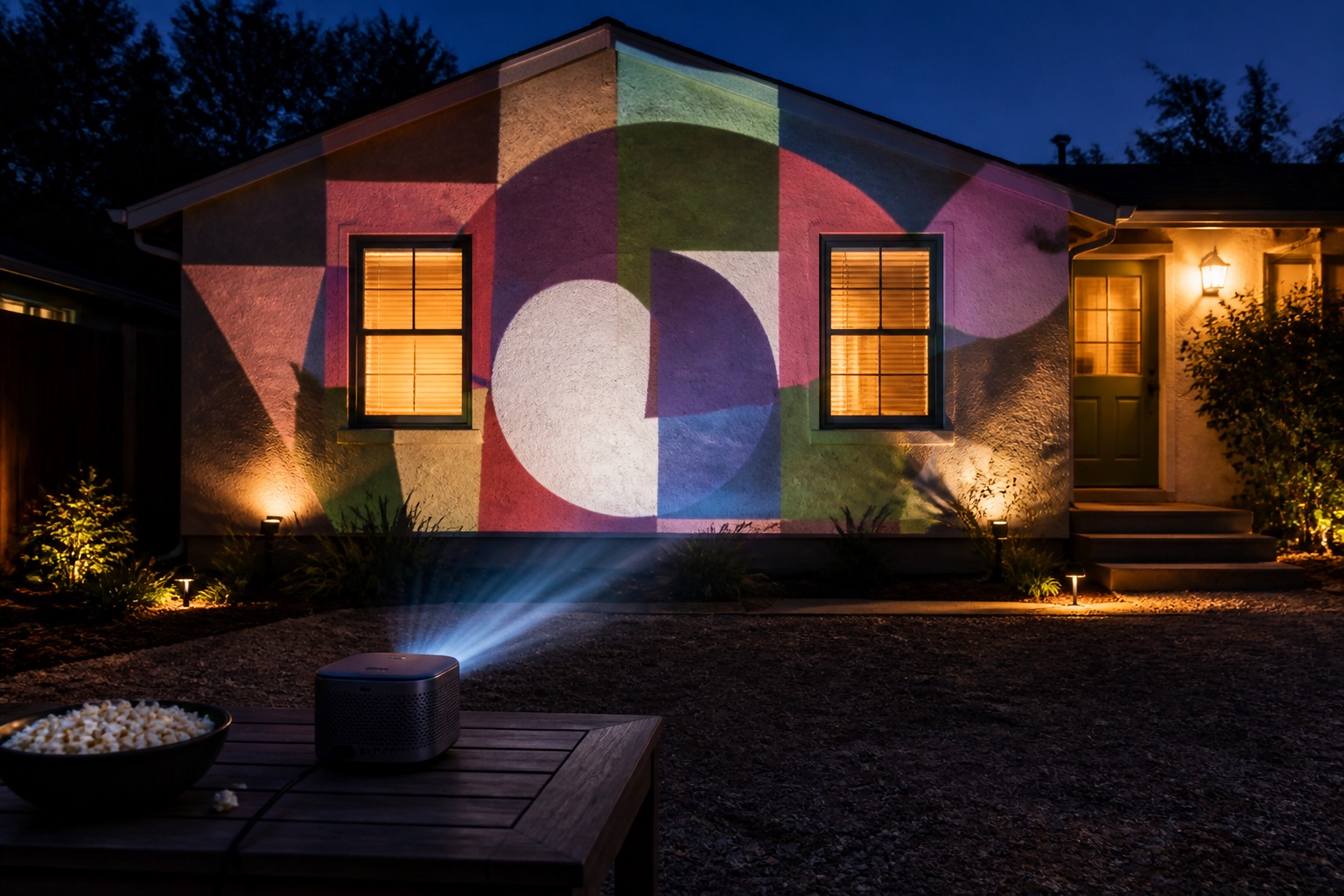 A compact projector casting colorful mapped shapes across a small house at night